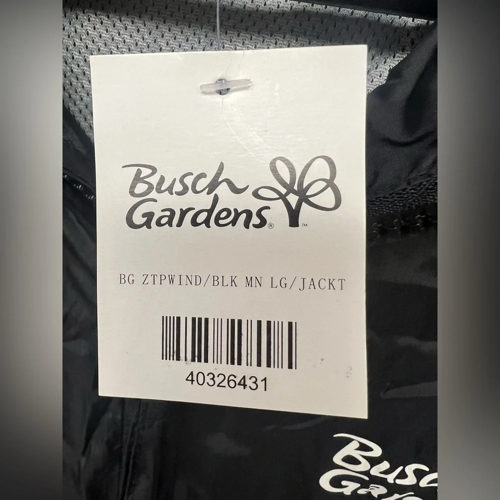 Busch Gardens- Mens Black/White Windbreaker w/‎ Full zipper new with tags, Large